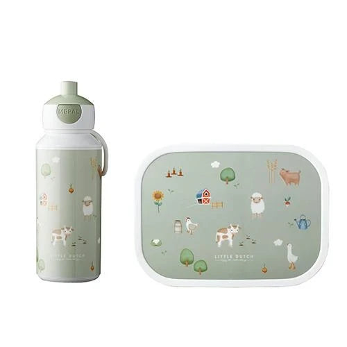 Lunchset - Pop-up drinkfles en lunchbox - Groen - Little Farm